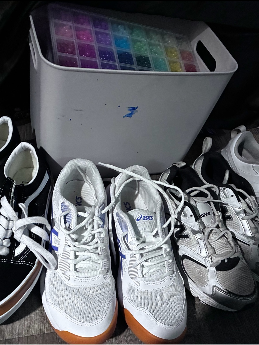 ASICS Kids White Sneakers with Orange Soles and Blue Accents and 4 pair of shoes